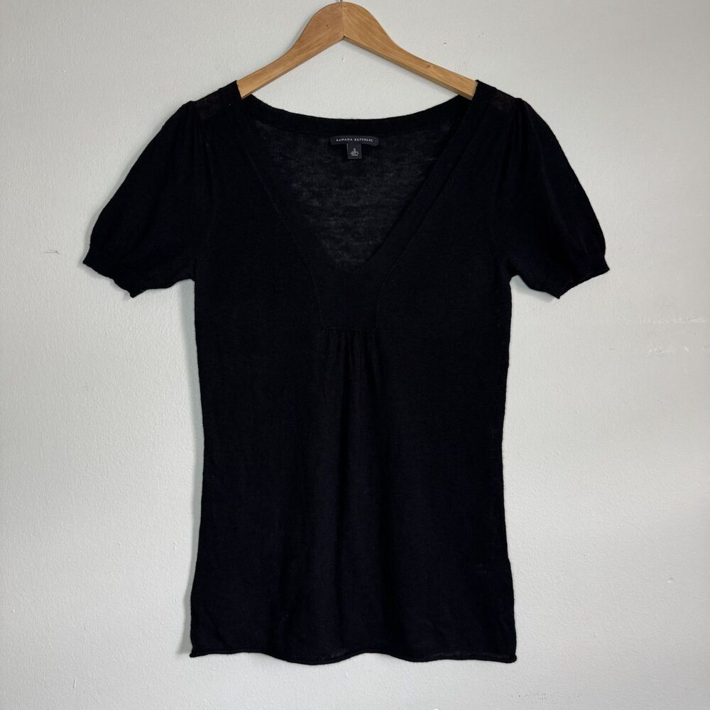 Banana Republic Wool Blend Sweater Top Womens Small Black Cap Puff Sleeve V-Neck